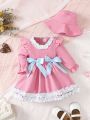 Baby Girl Ruffle Trim Flounce Sleeve Bow Front Dress & Hat