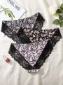 SHEIN 3pcs/set Ladies' Floral Print Lace Trimmed Triangle Panties