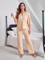 Solid Color Notched Collar Loose Fit Casual Home Wear Set