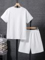 2pcs/Set Teenage Boys' Letter Patched Short Sleeve T-Shirt And Shorts With Embossed Logo Detail