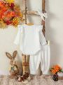 Baby Ruffle Trim Bodysuit & Bow Front Pants & Headband