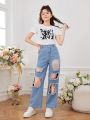 Teenage Girls' Vintage Street Style Cool Ripped Wide Leg Jeans With Comfortable Fit And Casual Feeling, Fashionable Sunglasses, Hot Girl Printed Short Tank Top