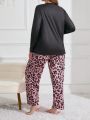 Plus Size Lip & Letter & Leopard Print Pajama Set