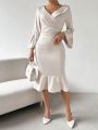 SHEIN Privé Solid Color Wrapped Trumpet Sleeves Pleated Mermaid Dress