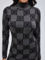 CreativeWingy Women's High Neck Plaid Slim Fit Sweater Dress With Hip-hugging Design