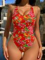 SHEIN Swim Vcay Women's Floral Printed Backless One-Piece Swimsuit
