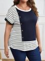 EMERY ROSE Plus Size Button Decor Striped T-shirt