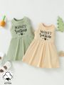 SHEIN 2pcs/Set Baby Girls' Casual Basic Comfortable Letter Printed Dress For Everyday Wear, Spring/Summer