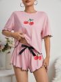 Cherry Printed Colorblock Pajama Set With Lettuce Trim