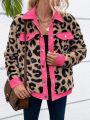 SHEIN LUNE Leopard Print Drop Shoulder Teddy Jacket