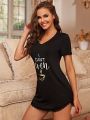 Slogan Graphic Lace Trim Nightdress