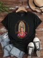 SHEIN LUNE Women's Short Sleeve T-Shirt With Virgin Mary Pattern