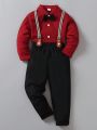 SHEIN Kids FANZEY Young Boy Bow Front Shirt & Suspender Pants