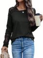 SHEIN LUNE Women's Round Neck Lace Splicing Long Sleeve T-Shirt