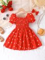 Girls' Heart Print Bubble Sleeve Dress With Bowknot Accents, Summer