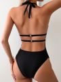 Women's Mesh Spliced Backless Halter One Piece Swimsuit