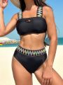 SHEIN Swim BohoFeel Chevron Tape Cut Out High Waisted Bikini Swimsuit