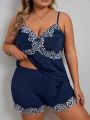 Women's Dark Blue V-neck Camisole Plus Size Pajama Set