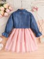 SHEIN Kids CHARMNG Little Girls' Romantic Casual Mesh Layered Dress And Denim Print Short Coat With Button For Autumn And Winter
