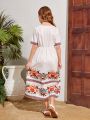 SHEIN Kids SUNSHNE Tween Girls' Woven Floral Print V-Neck Loose Casual Vacation Dress