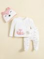 SHEIN 3pcs Baby Girls' Cute Fox Patterned Top, Pants And Hat Set