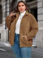 SHEIN Clasi Women's Plus Size Zipper Front Oversized Fluffy Jacket With Drop Shoulders