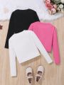 SHEIN Three-pack Of Knitted Solid Color Round Neck Fitted Knitted Casual T-shirts For Older Girls