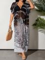 SHEIN Swim Vcay Plus Size Women's Floral Print Tie Front High-Low Cover Up