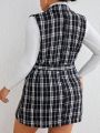 SHEIN Privé Plus Plaid Pattern Belted Vest Overcoat