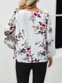 SHEIN Clasi Women's Floral Printed Collar Hollow Out Blouse