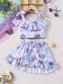SHEIN Kids FANZEY Young Girls' Tie-Dye Print Swimsuit Two Piece Set For Summer