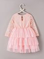 SHEIN Baby Girls' Elegant Romantic Gorgeous Lace Mesh Dress For Spring And Autumn, Suitable For Parties