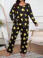 Plus Size Black Base Yellow Heart Print Casual Homewear Set With Long Sleeve And Long Pants