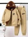 SHEIN Kids EVRYDAY Tween Boy Letter Graphic 3D Ears Design Thermal Lined Hooded Jacket & Pullover & Sweatpants