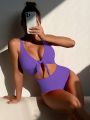 SHEIN Swim Basics Cut-out Knot Front One Piece Swimsuit