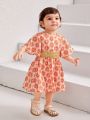 SHEIN Baby Girls' Short Sleeve Dress With All-Over Print And Cinching Waist