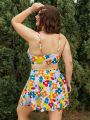 SHEIN Swim Mod Plus Size Cute Flower Print One-piece Swimsuit With Detachable Shoulder Straps