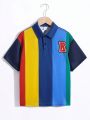 SHEIN Kids EVRYDAY Boys' Casual Sports Style Striped Print Pattern Polo Shirt
