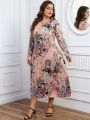 Plus Size Full Blooming Flower Print Long Sleeve Dress