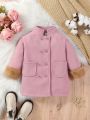 Baby Girls' Pink Double-breasted Woolen Coat With Fur Sleeves And Double Pockets