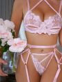 SHEIN Women's Sexy Lingerie Set With Flower Embroidery & Mesh Patchwork