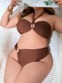 SHEIN Swim Chicsea Plus Size Women'S Halterneck Lace-Up Swimsuit Suit