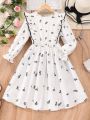 Girls' Ruffle Trimmed Floral Printed Dress For Big Kids