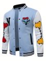 Men Letter & Heart Patched Striped Trim Varsity Jacket