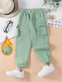 Little Girls' Fashionable Fleece-Lined Jogger Pants With Side Pockets, Simple And Casual, Suitable For Autumn And Winter