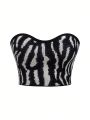 Plus Size Women's Black And White Printed Tube Top Knitted Top