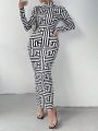 SHEIN Privé Women's Stand Collar Geometric Print Mermaid Hem Dress