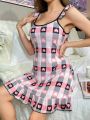 Women's Heart Plaid Printed Lotus Edge & Decorated Straps Nightgown