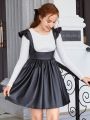 Teen Girl Solid Tee & Ruffle Trim PU Leather Overall Dress