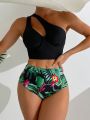 SHEIN Swim Vcay Women's One Shoulder Hollow Out Plant Print Two Piece Swimsuit